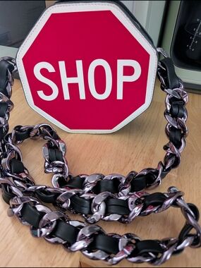 Octagonal Red 'SHOP' Crossbody Bag with Black & Silver Chain Strap